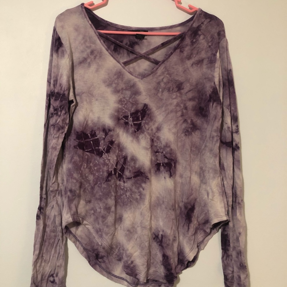 purple tie dye long sleeve shirt low cut